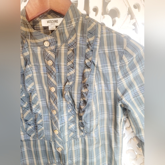 RARE MOSCHINO JEANS PLEATED RUFFLE COTTAGECORE PLAID LONGSLEEVE MIDI DRESS SZ:2 - Picture 10 of 16